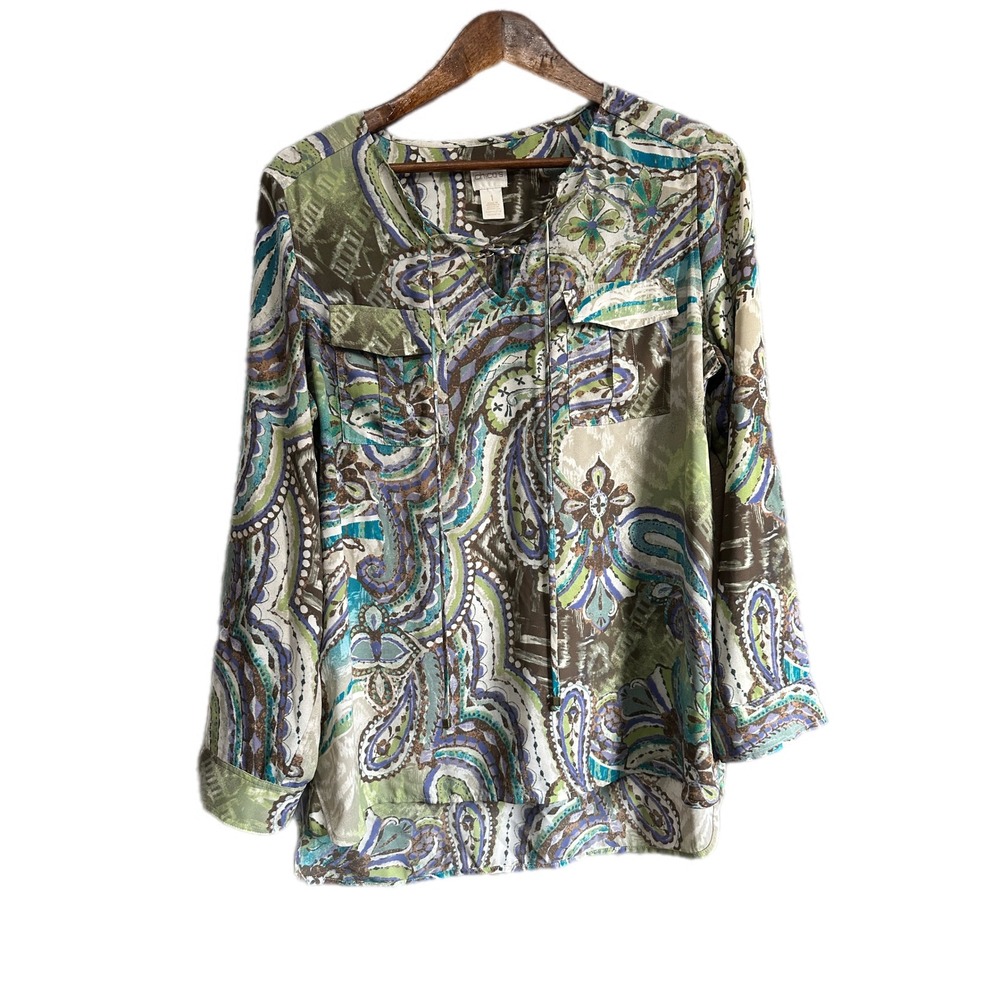 Chico's Paisley Blouse Women Size 1 Green Blue‎ Excellent Tie Neck Boho Top